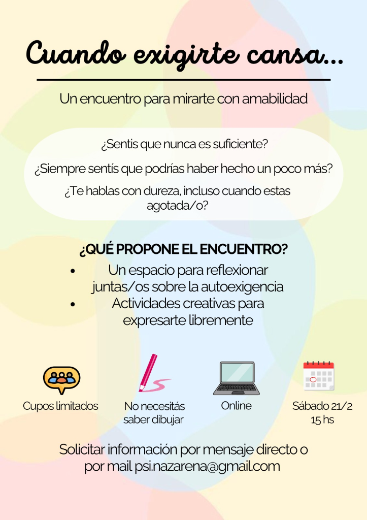 Flyer del taller online Terapia TCC sobre autoexigencia emocional por la psicóloga Nazarena De Luca